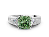 White gold Three-Stone Fancy Green Cushion Cut Cut Diamond Ring with Trillion Side Stones on a Split Shank Band