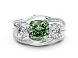 White gold Three-Stone Fancy Green Cushion Cut Cut Diamond Split Shank Prong Set Ring_12