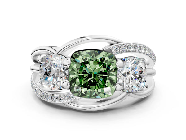 Platinum Three-Stone Fancy Green Cushion Cut Cut Diamond Split Shank Prong Set Ring