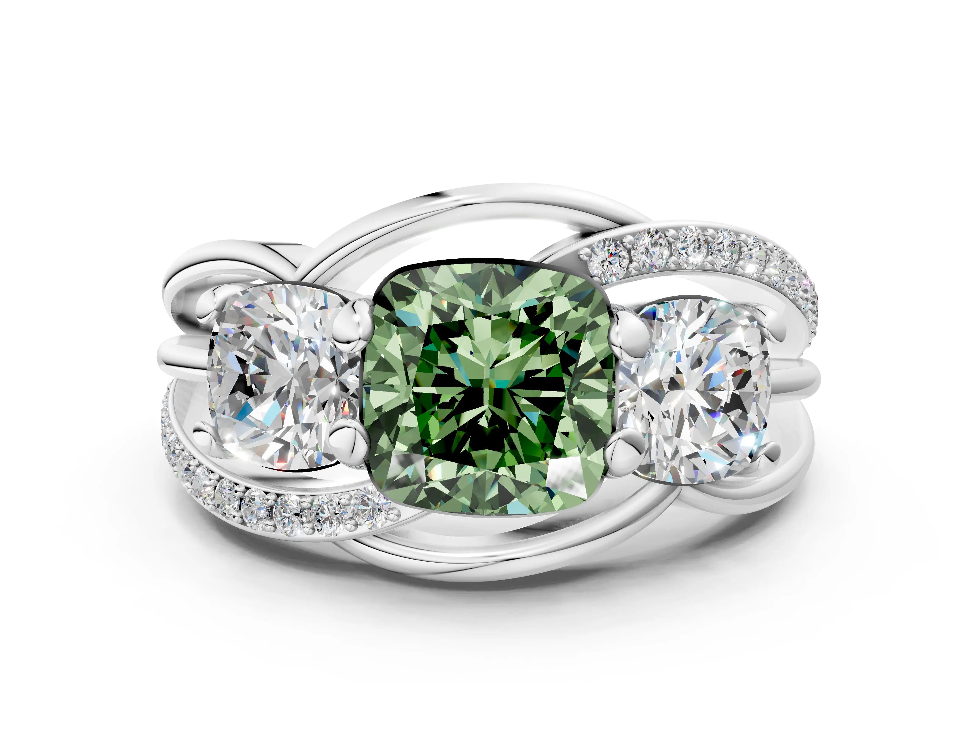 White gold Three-Stone Fancy Green Cushion Cut Cut Diamond Split Shank Prong Set Ring_12