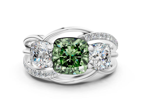 White gold Three-Stone Fancy Green Cushion Cut Cut Diamond Split Shank Prong Set Ring_12