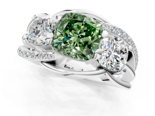 Platinum Three-Stone Fancy Green Cushion Cut Cut Diamond Split Shank Prong Set Ring