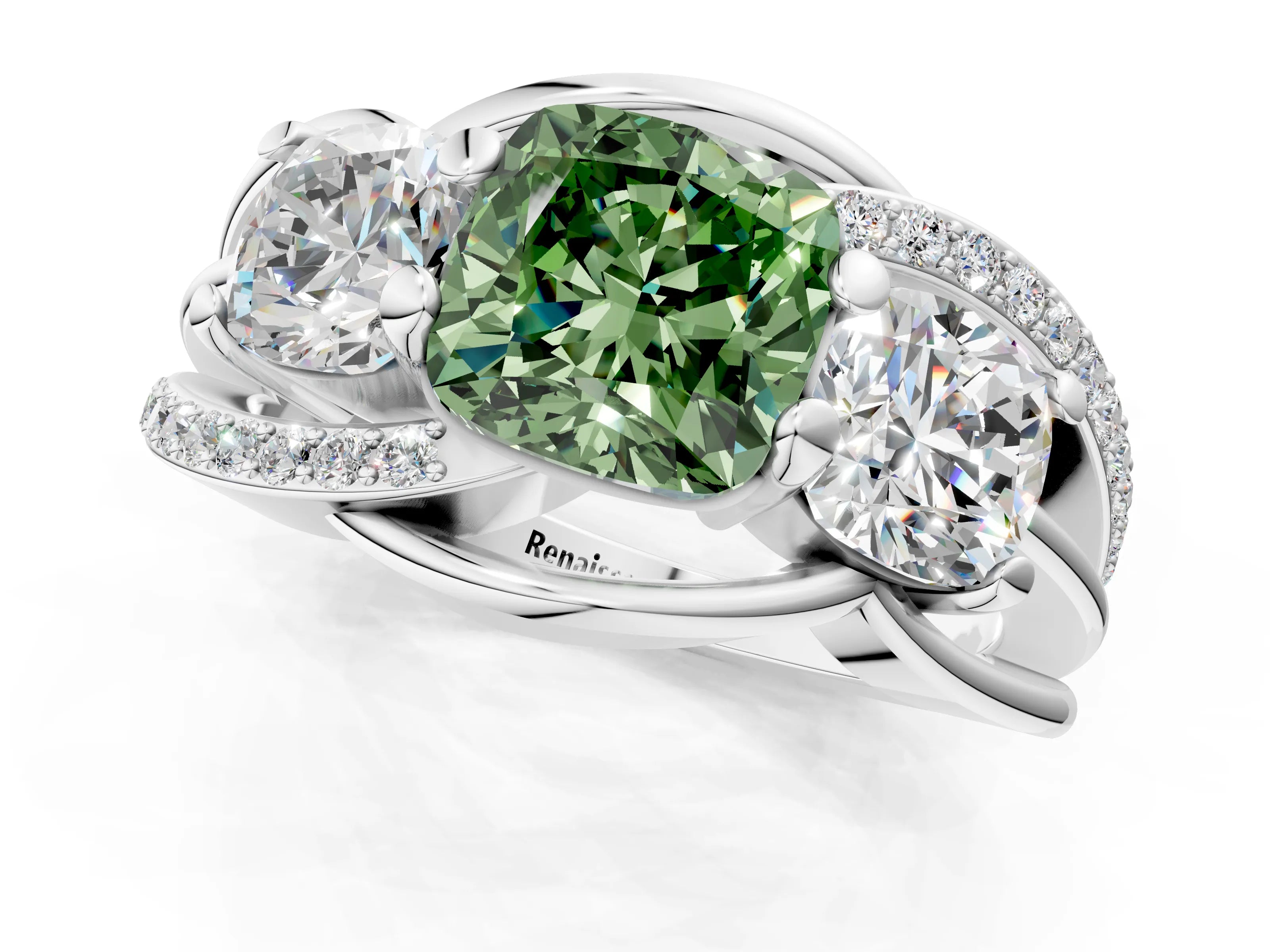 White gold Three-Stone Fancy Green Cushion Cut Cut Diamond Split Shank Prong Set Ring_13