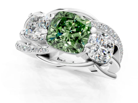 White gold Three-Stone Fancy Green Cushion Cut Cut Diamond Split Shank Prong Set Ring_13