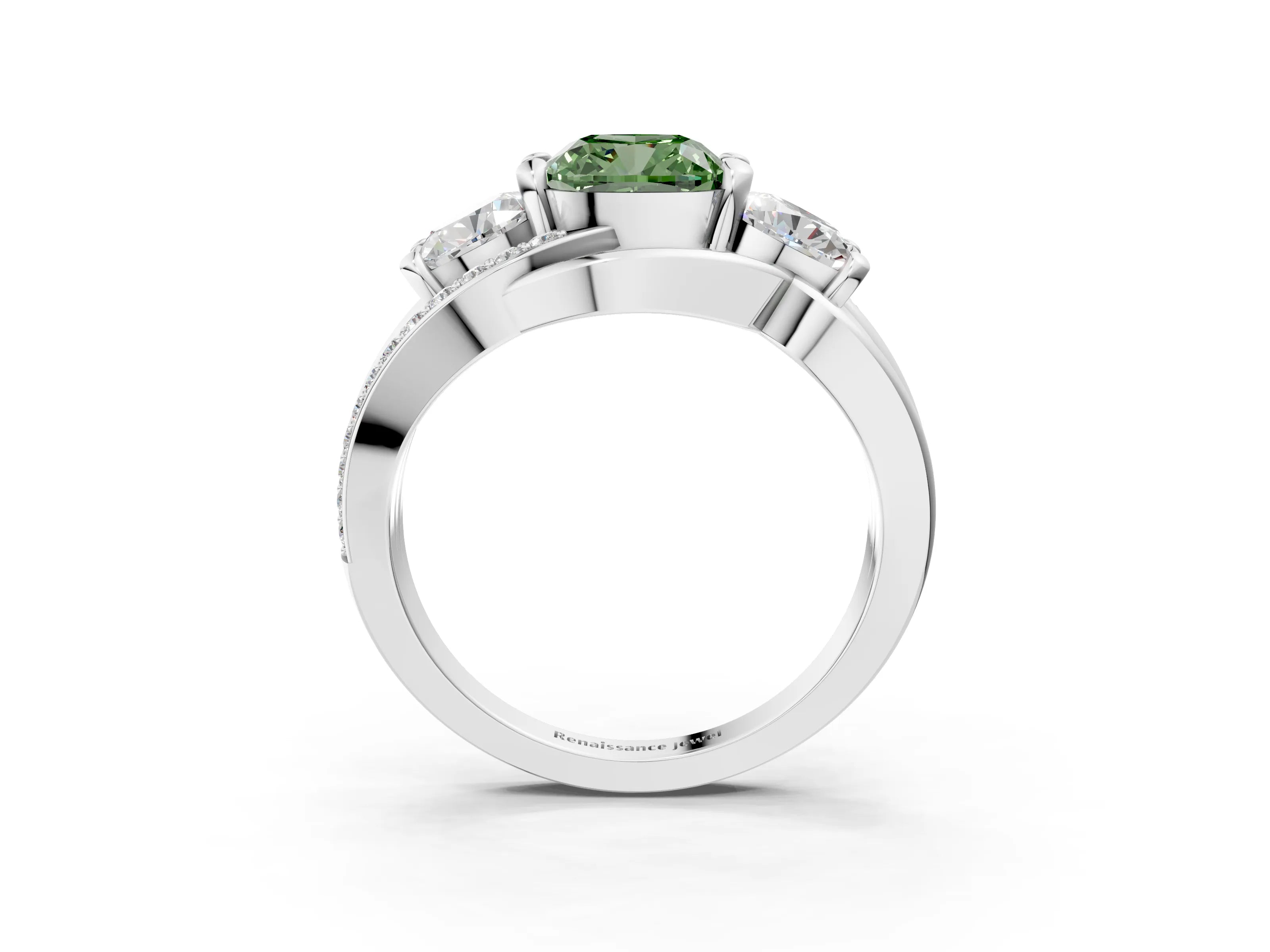 White gold Three-Stone Fancy Green Cushion Cut Cut Diamond Split Shank Prong Set Ring_15