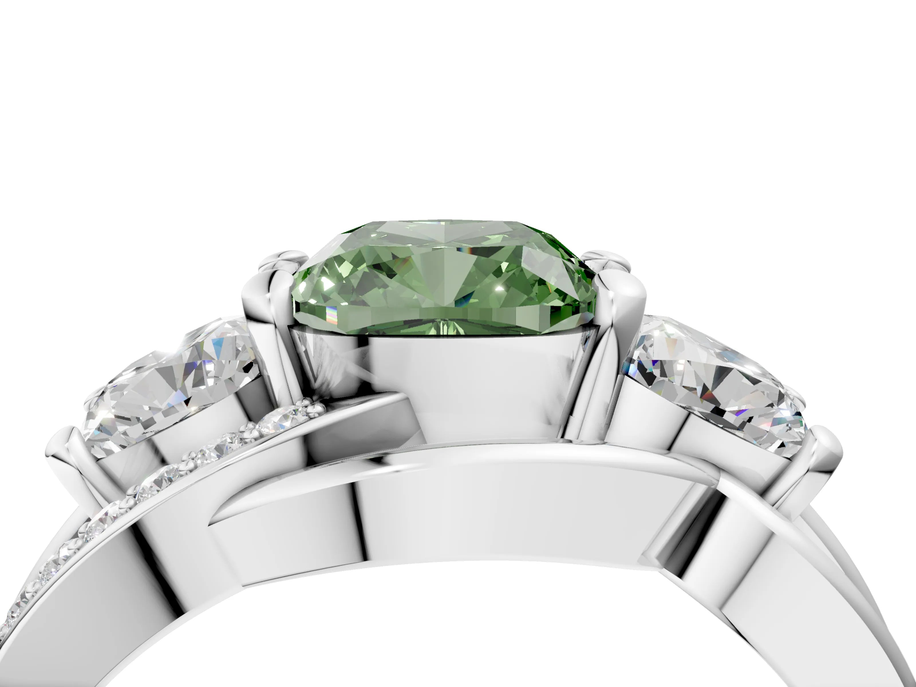 White gold Three-Stone Fancy Green Cushion Cut Cut Diamond Split Shank Prong Set Ring_16