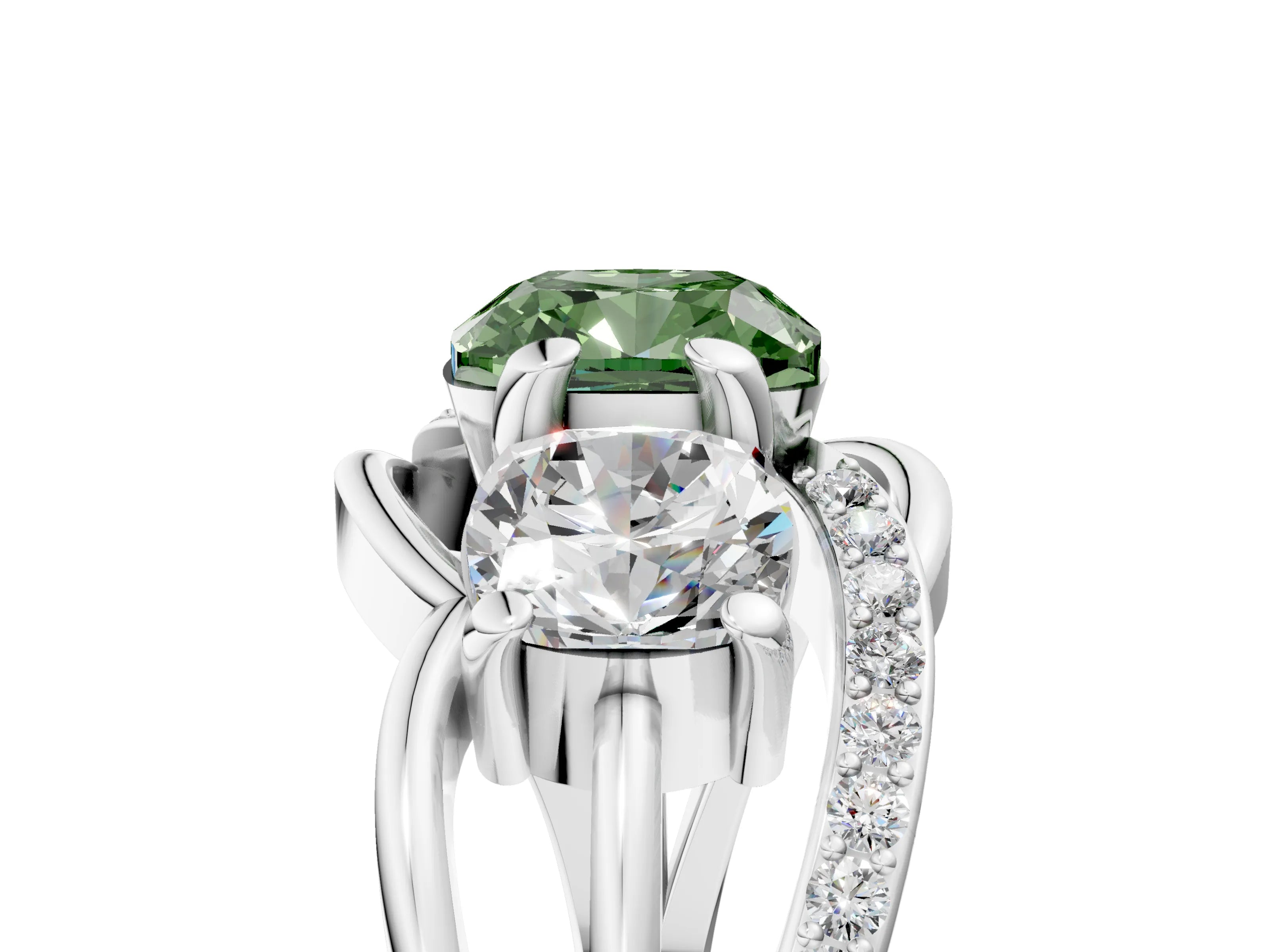 White gold Three-Stone Fancy Green Cushion Cut Cut Diamond Split Shank Prong Set Ring_17