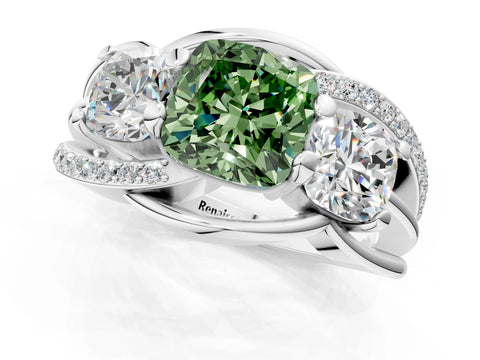 White gold Three-Stone Fancy Green Cushion Cut Cut Diamond Split Shank Prong Set Ring_1