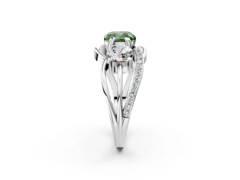 White gold Three-Stone Fancy Green Cushion Cut Cut Diamond Split Shank Prong Set Ring_2