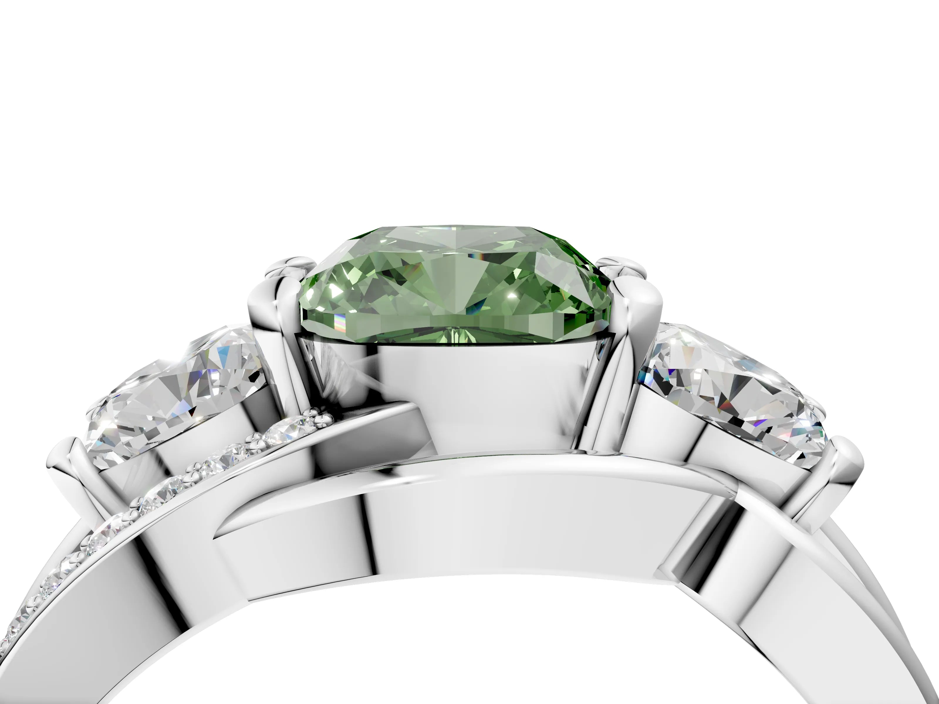 White gold Three-Stone Fancy Green Cushion Cut Cut Diamond Split Shank Prong Set Ring_4