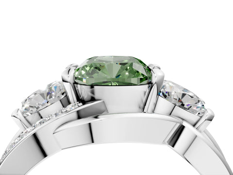 White gold Three-Stone Fancy Green Cushion Cut Cut Diamond Split Shank Prong Set Ring_4