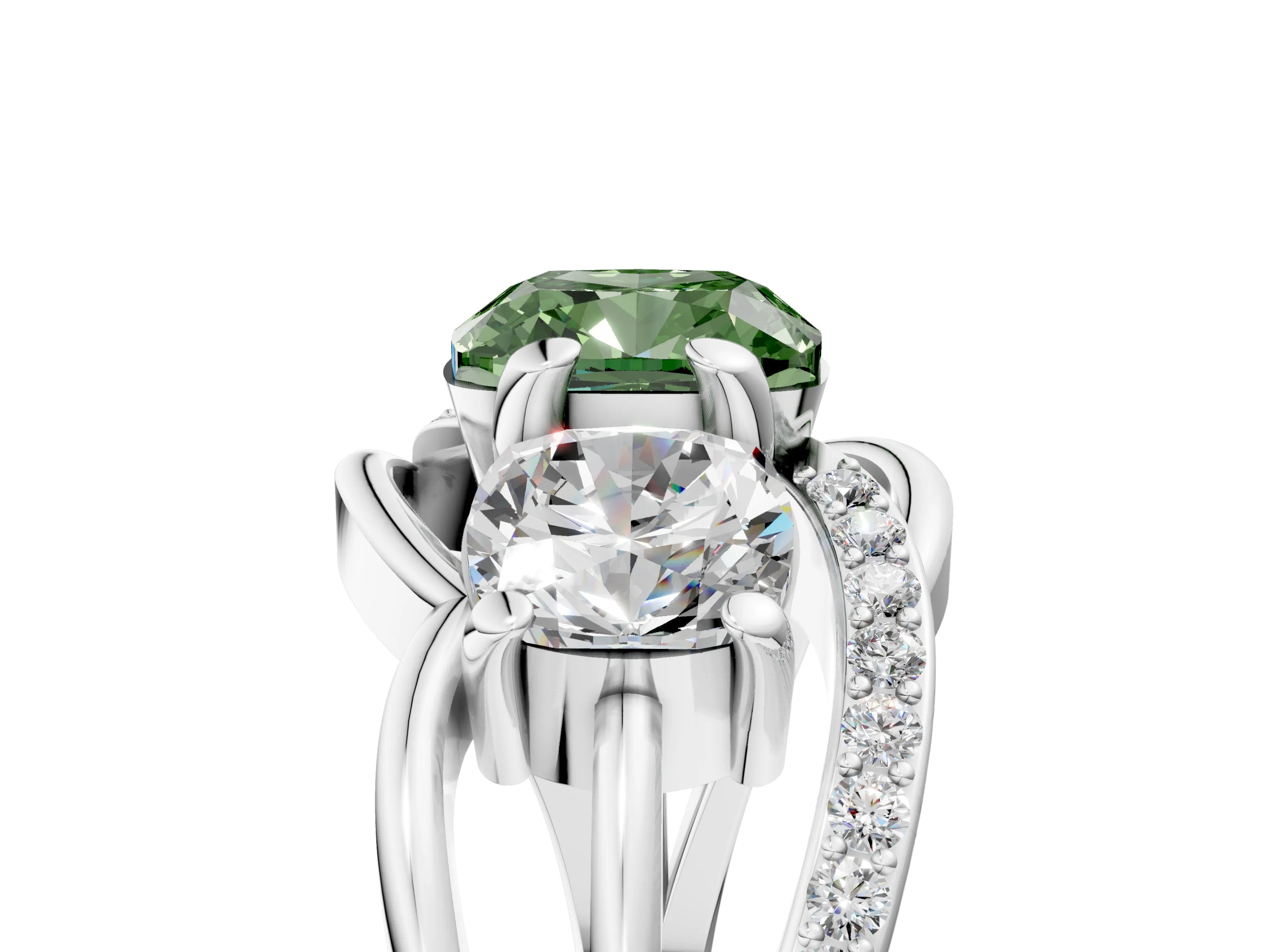 White gold Three-Stone Fancy Green Cushion Cut Cut Diamond Split Shank Prong Set Ring_5
