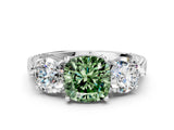 White gold Three-Stone Fancy Green Cushion Cut Cut Milgrain Band Prong Setting Ring_24