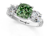 White gold Three-Stone Fancy Green Cushion Cut Cut Milgrain Band Prong Setting Ring_25
