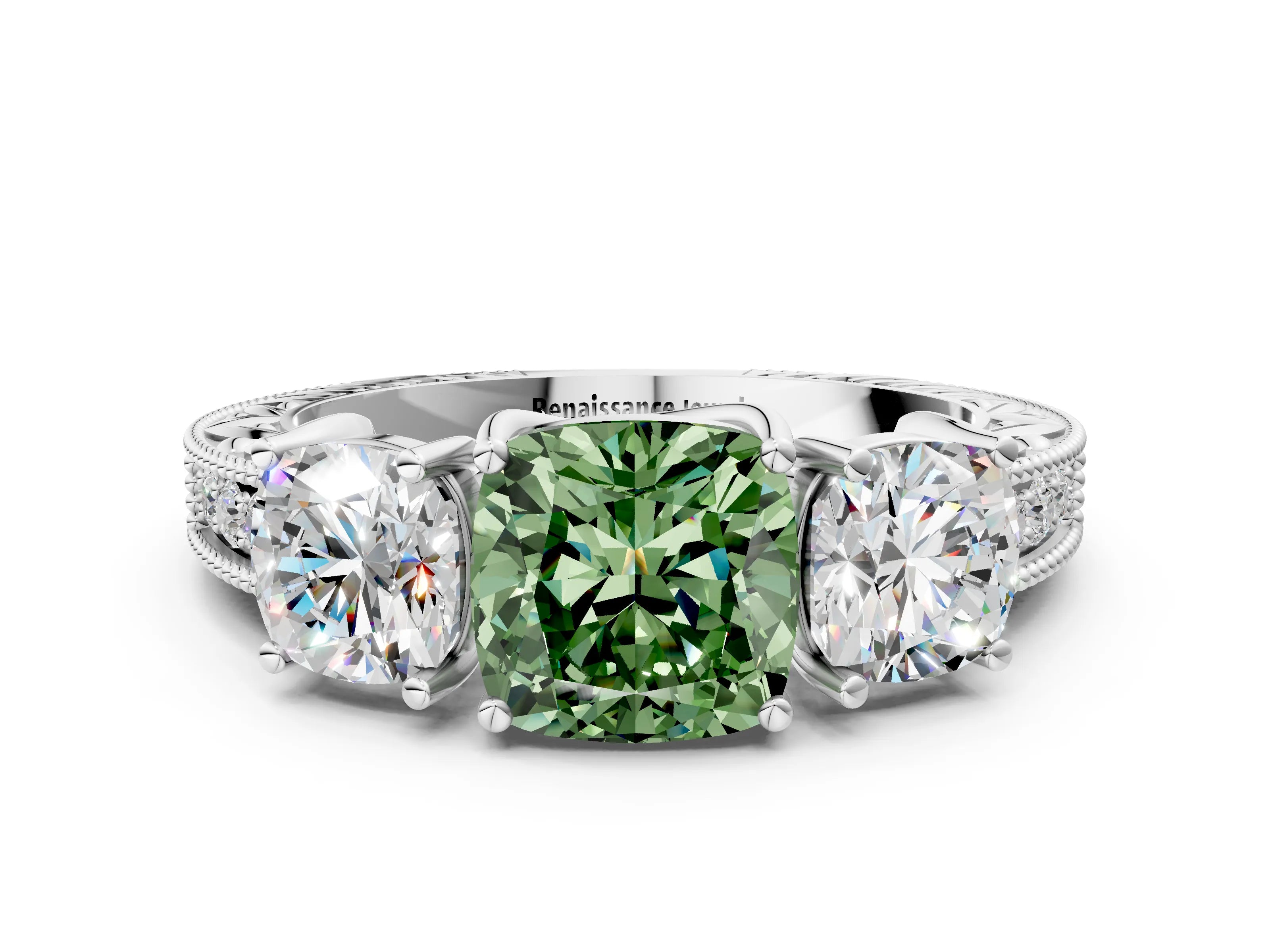 White gold Three-Stone Fancy Green Cushion Cut Cut Milgrain Pavé Engagement Ring