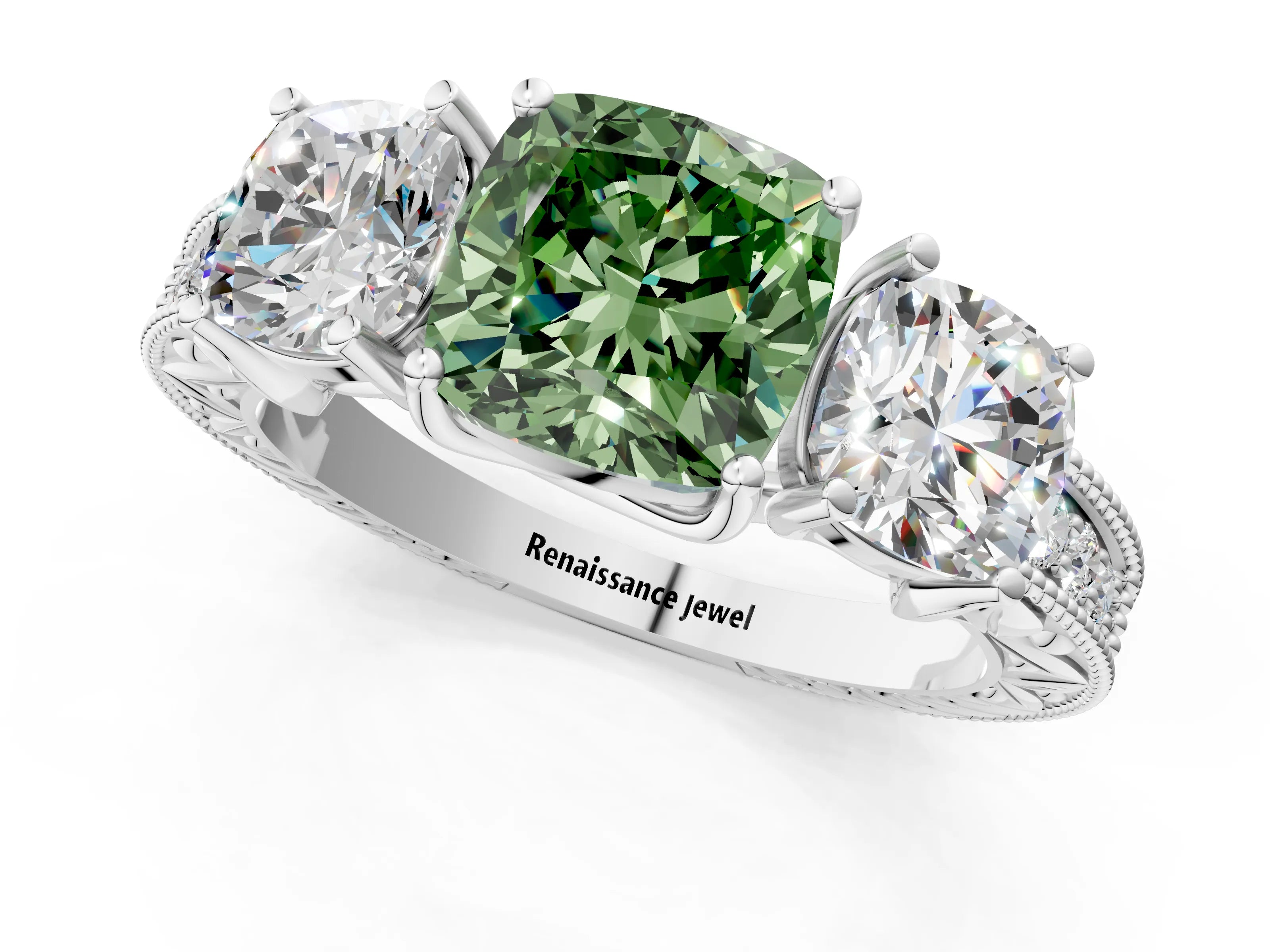 White gold Three-Stone Fancy Green Cushion Cut Cut Milgrain Pavé Engagement Ring_1