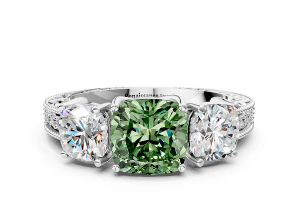 White Gold Cushion Cut Engraved Three Stone Engagement Ring Setting for Fancy Green Center