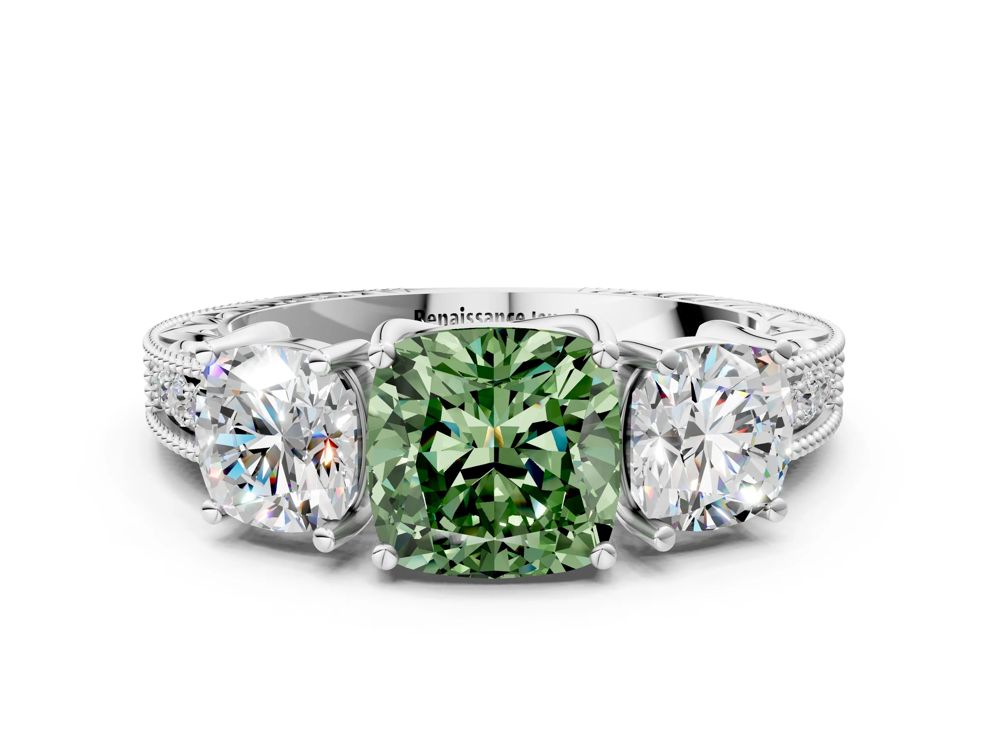 White gold Three-Stone Fancy Green Cushion Cut Cut Milgrain Pavé Engagement Ring_12