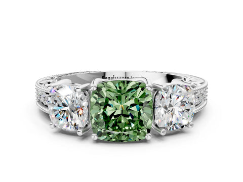 White gold Three-Stone Fancy Green Cushion Cut Cut Milgrain Pavé Engagement Ring_12