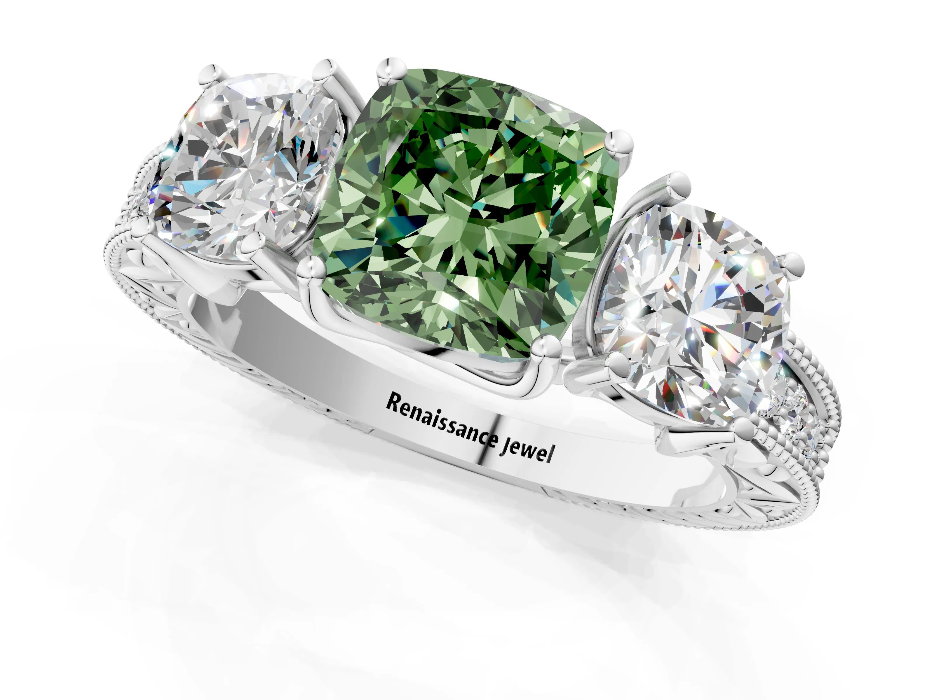 White gold Three-Stone Fancy Green Cushion Cut Cut Milgrain Pavé Engagement Ring_13