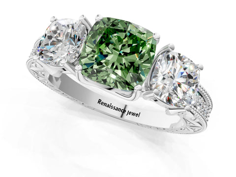 White gold Three-Stone Fancy Green Cushion Cut Cut Milgrain Pavé Engagement Ring_13