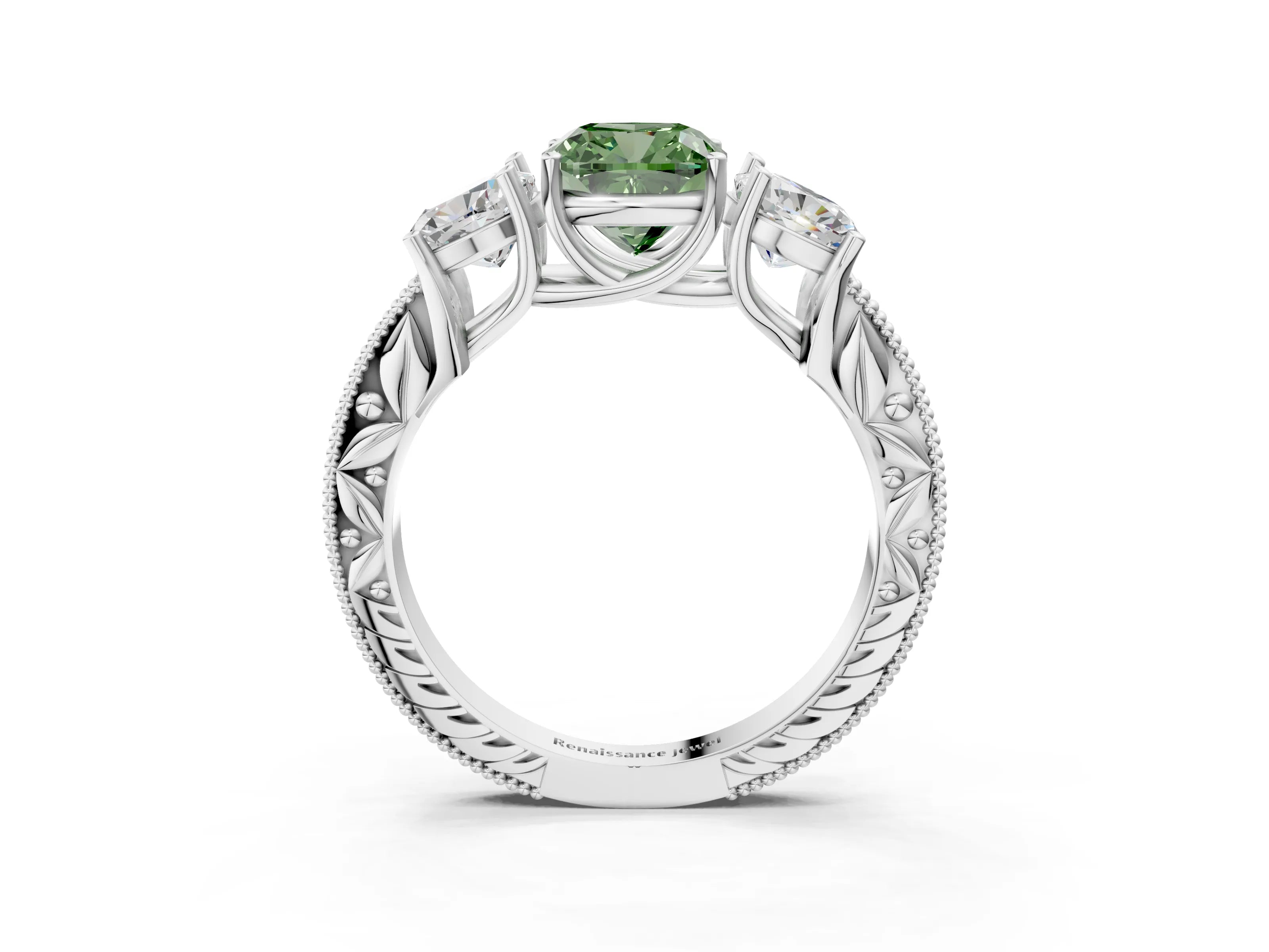 White gold Three-Stone Fancy Green Cushion Cut Cut Milgrain Pavé Engagement Ring_15