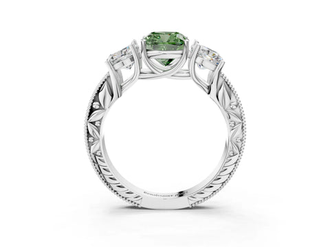 White gold Three-Stone Fancy Green Cushion Cut Cut Milgrain Pavé Engagement Ring_15