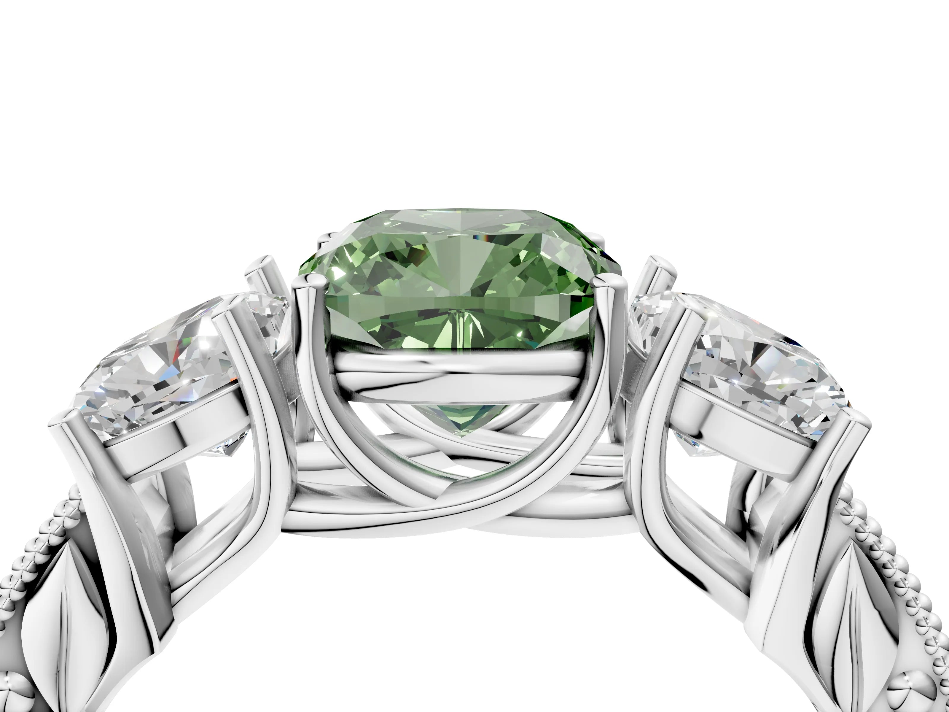 White gold Three-Stone Fancy Green Cushion Cut Cut Milgrain Pavé Engagement Ring_16
