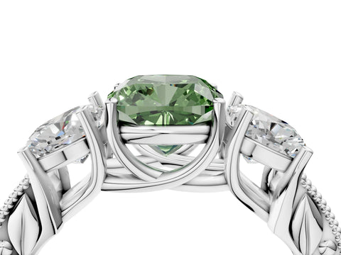 White gold Three-Stone Fancy Green Cushion Cut Cut Milgrain Pavé Engagement Ring_16