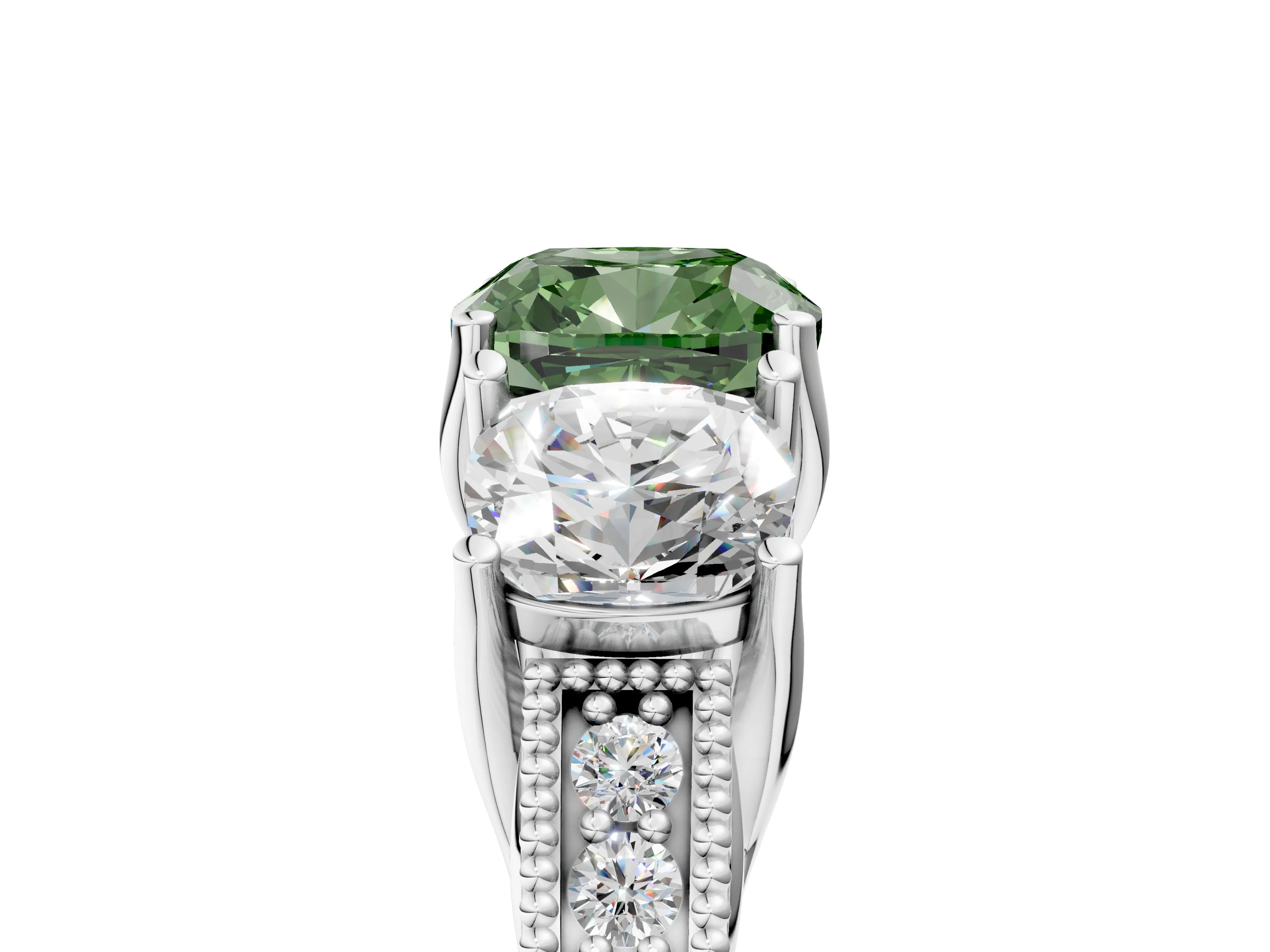White gold Three-Stone Fancy Green Cushion Cut Cut Milgrain Pavé Engagement Ring_17