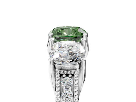 White gold Three-Stone Fancy Green Cushion Cut Cut Milgrain Pavé Engagement Ring_17