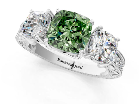 White gold Three-Stone Fancy Green Cushion Cut Cut Milgrain Pavé Engagement Ring_1