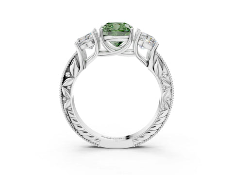 White gold Three-Stone Fancy Green Cushion Cut Cut Milgrain Pavé Engagement Ring_3