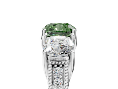 White gold Three-Stone Fancy Green Cushion Cut Cut Milgrain Pavé Engagement Ring_5
