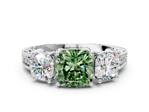 White gold Three-Stone Fancy Green Cushion Cut Cut Milgrain Pavé Engagement Ring