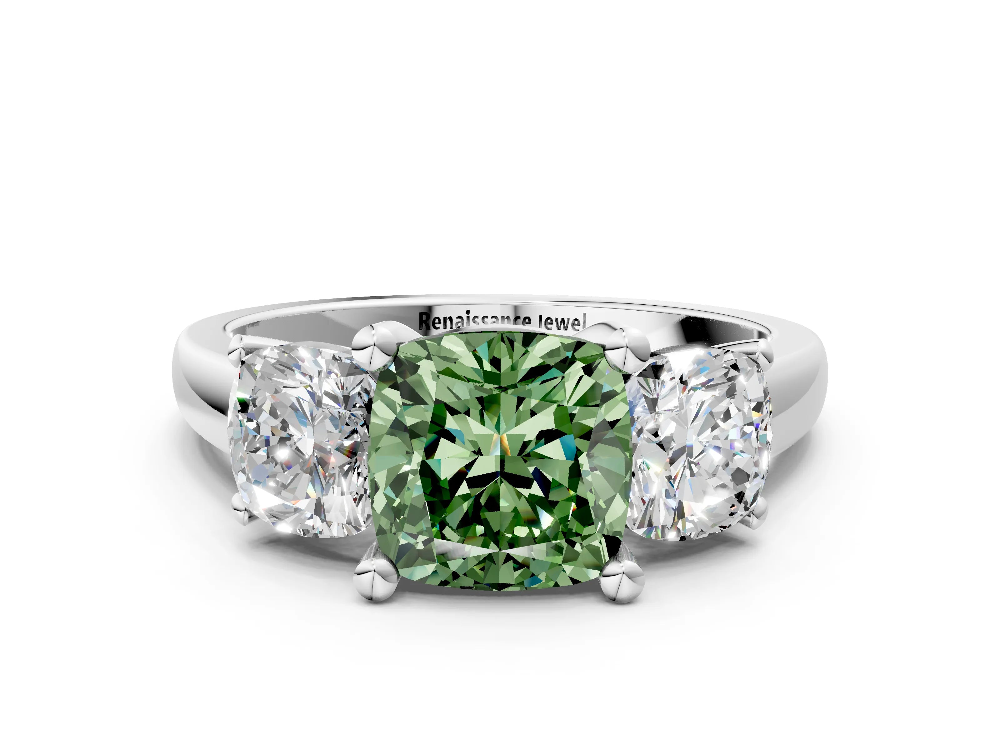 White gold Three-Stone Fancy Green Cushion Cut Cut Solitaire Ring with Classic Prong Setting_12
