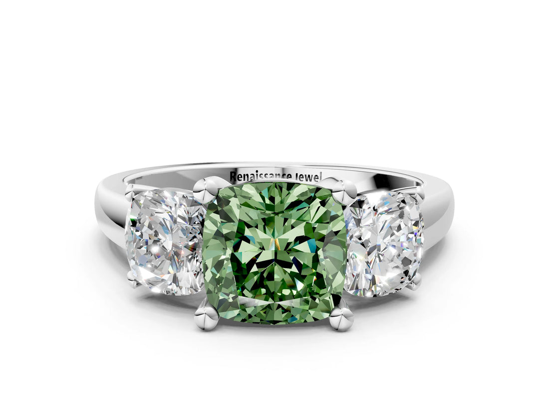 White gold Three-Stone Fancy Green Cushion Cut Cut Solitaire Ring with Classic Prong Setting_12