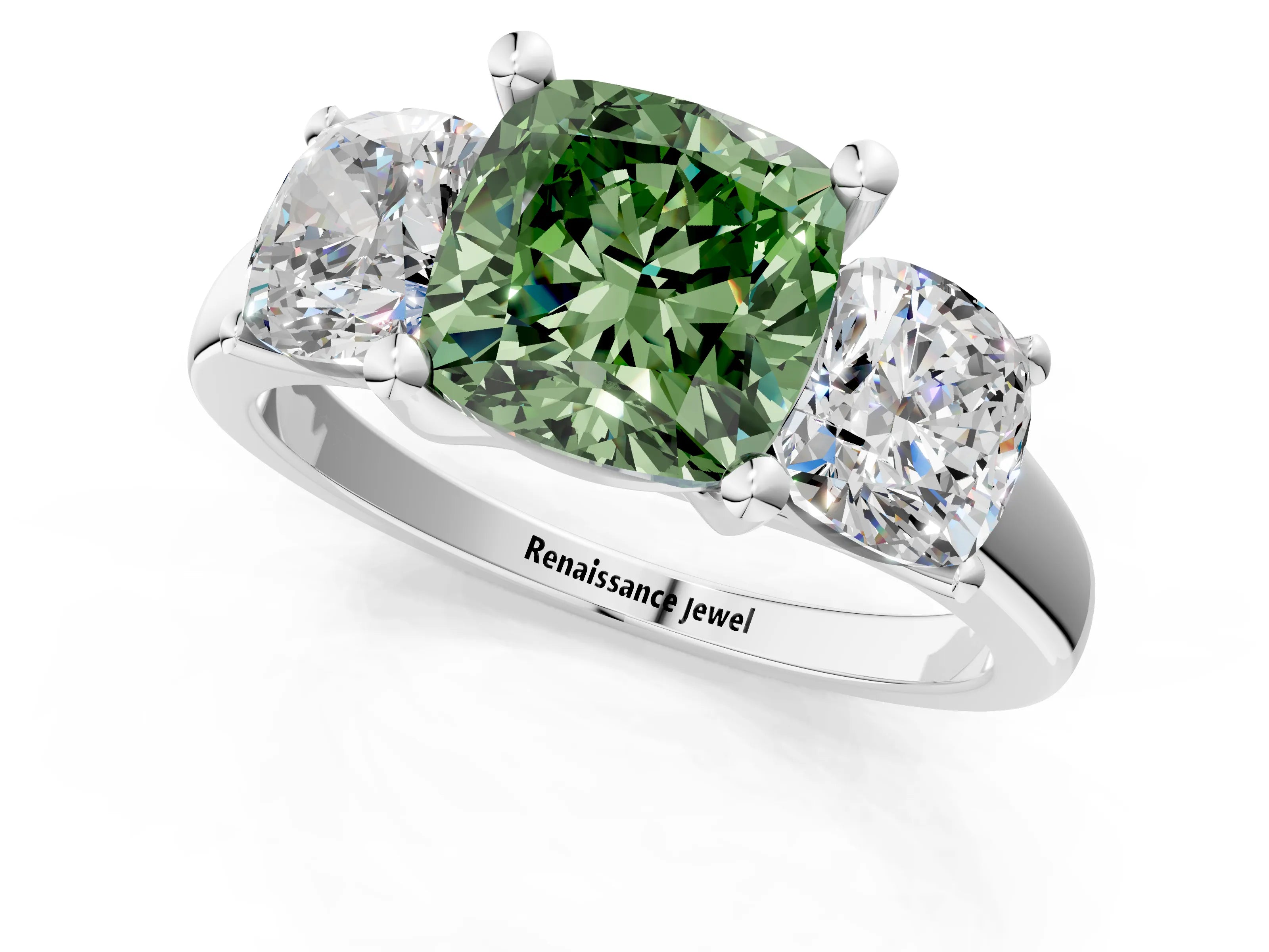White gold Three-Stone Fancy Green Cushion Cut Cut Solitaire Ring with Classic Prong Setting_13