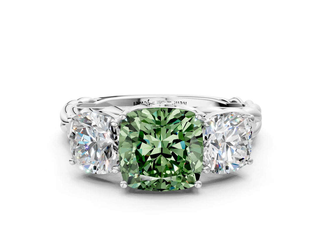 White gold Three-Stone Fancy Green Cushion Cut Diamond Braided Band Ring with Four-Prong Setting_73