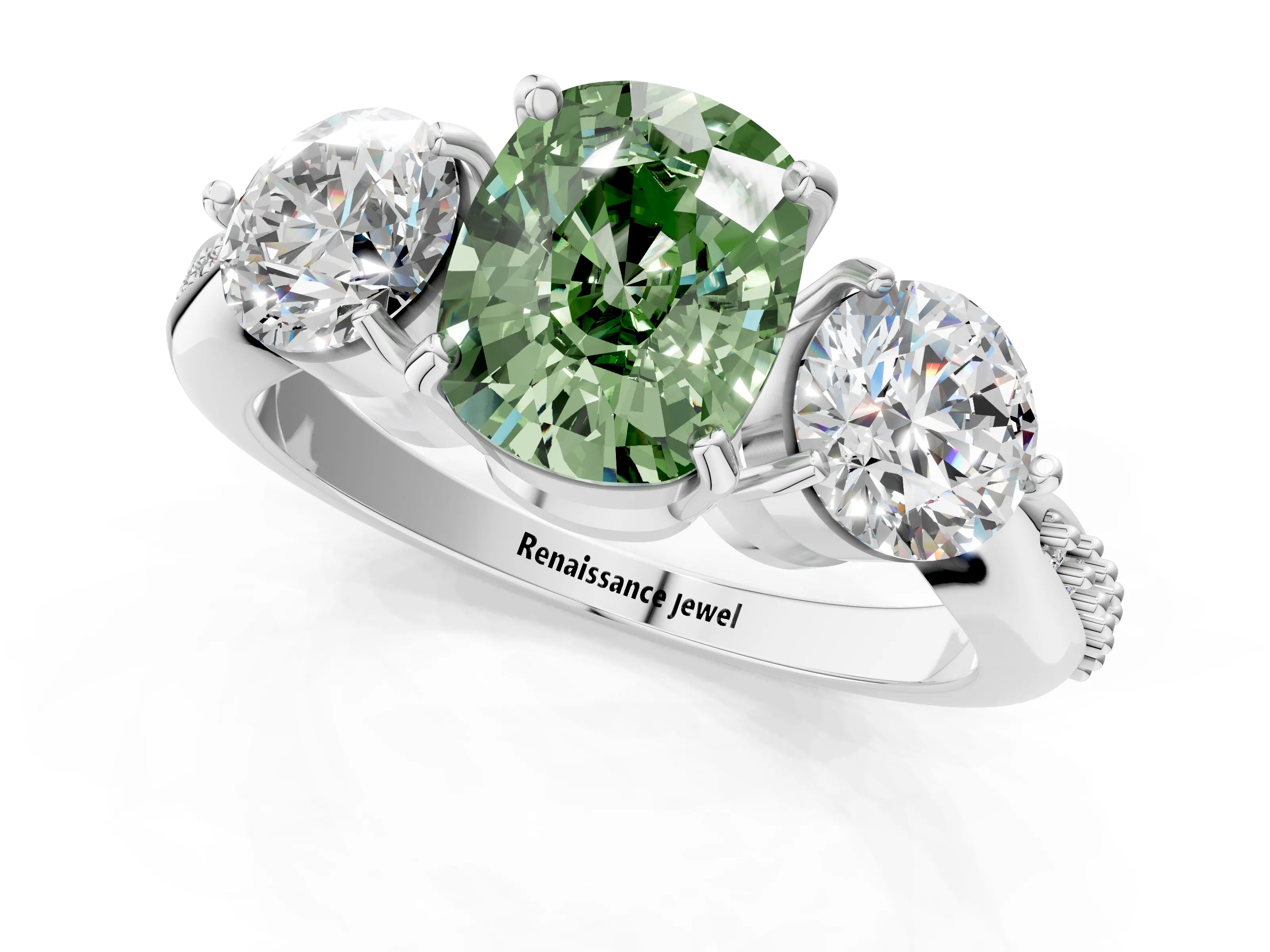 White gold Three-Stone Fancy Green Cushion Cut Diamond Channel Set Engagement Ring with Prong Setting_13