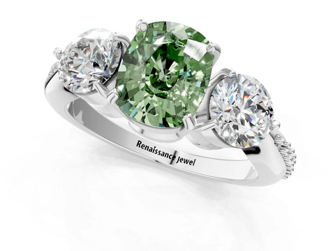 White gold Three-Stone Fancy Green Cushion Cut Diamond Channel Set Engagement Ring with Prong Setting_13