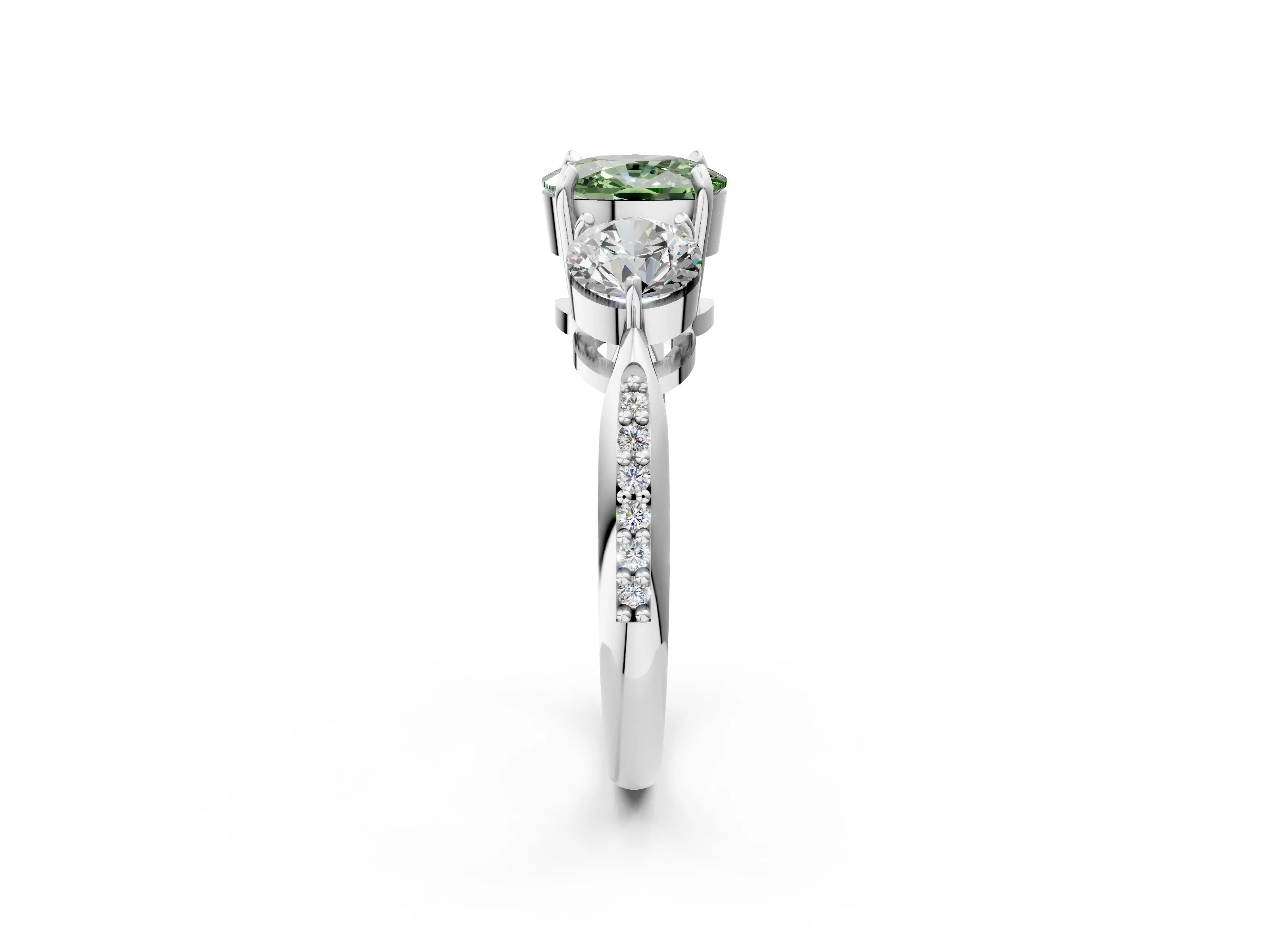 White gold Three-Stone Fancy Green Cushion Cut Diamond Channel Set Engagement Ring with Prong Setting_14