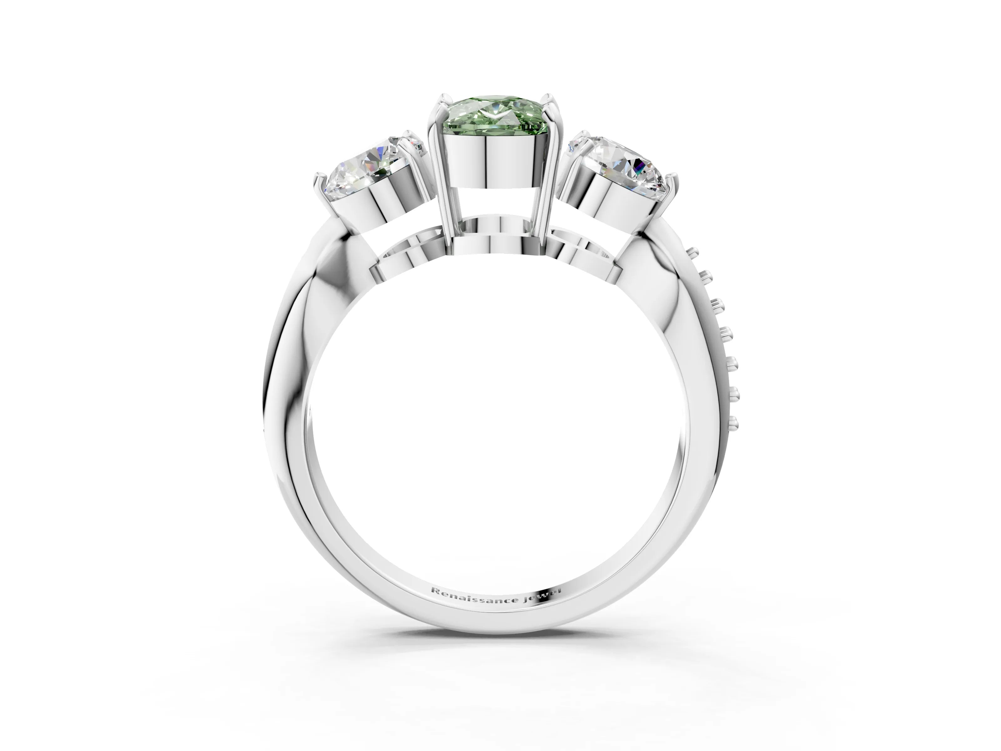 White gold Three-Stone Fancy Green Cushion Cut Diamond Channel Set Engagement Ring with Prong Setting_15