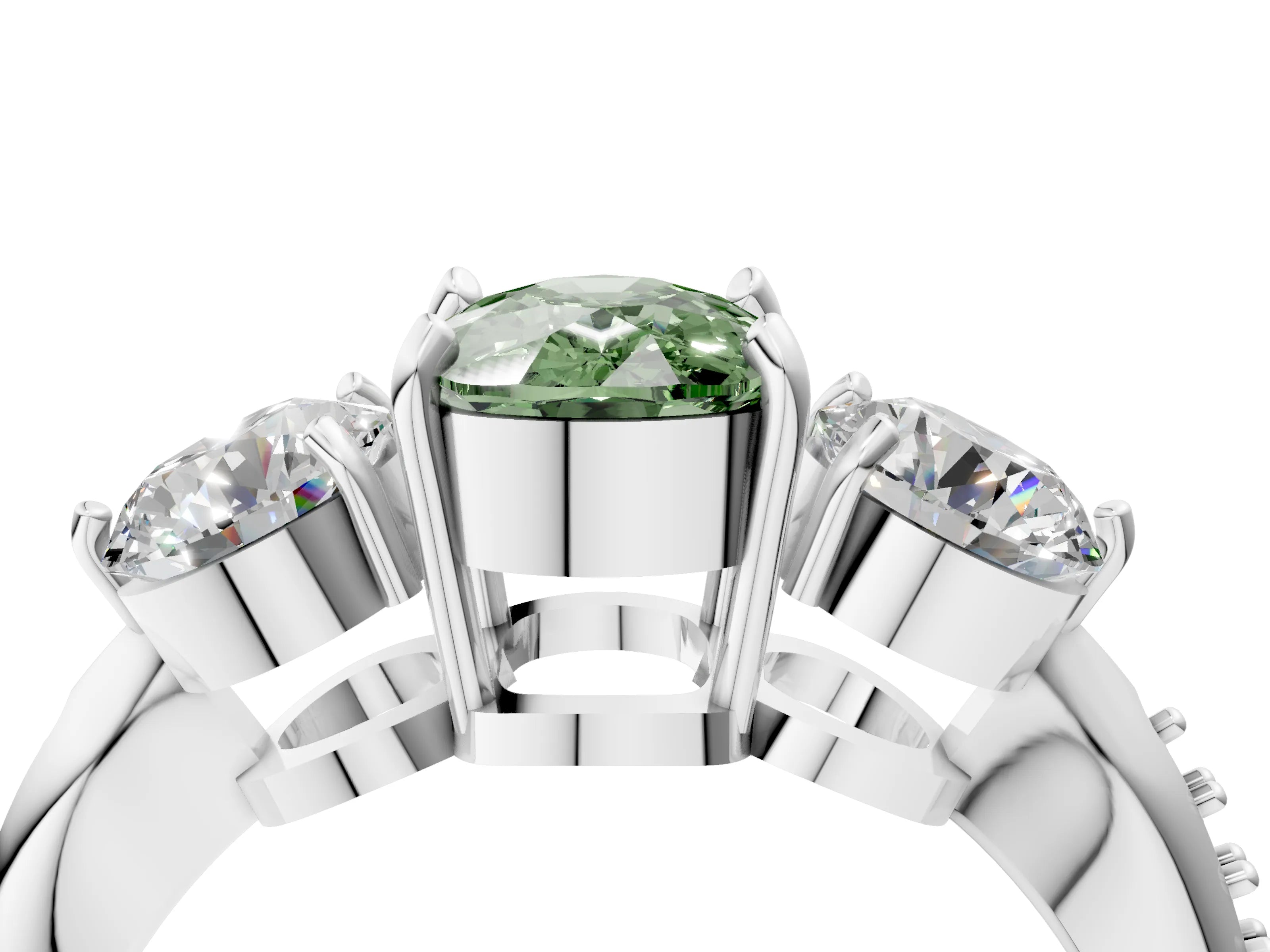White gold Three-Stone Fancy Green Cushion Cut Diamond Channel Set Engagement Ring with Prong Setting_16