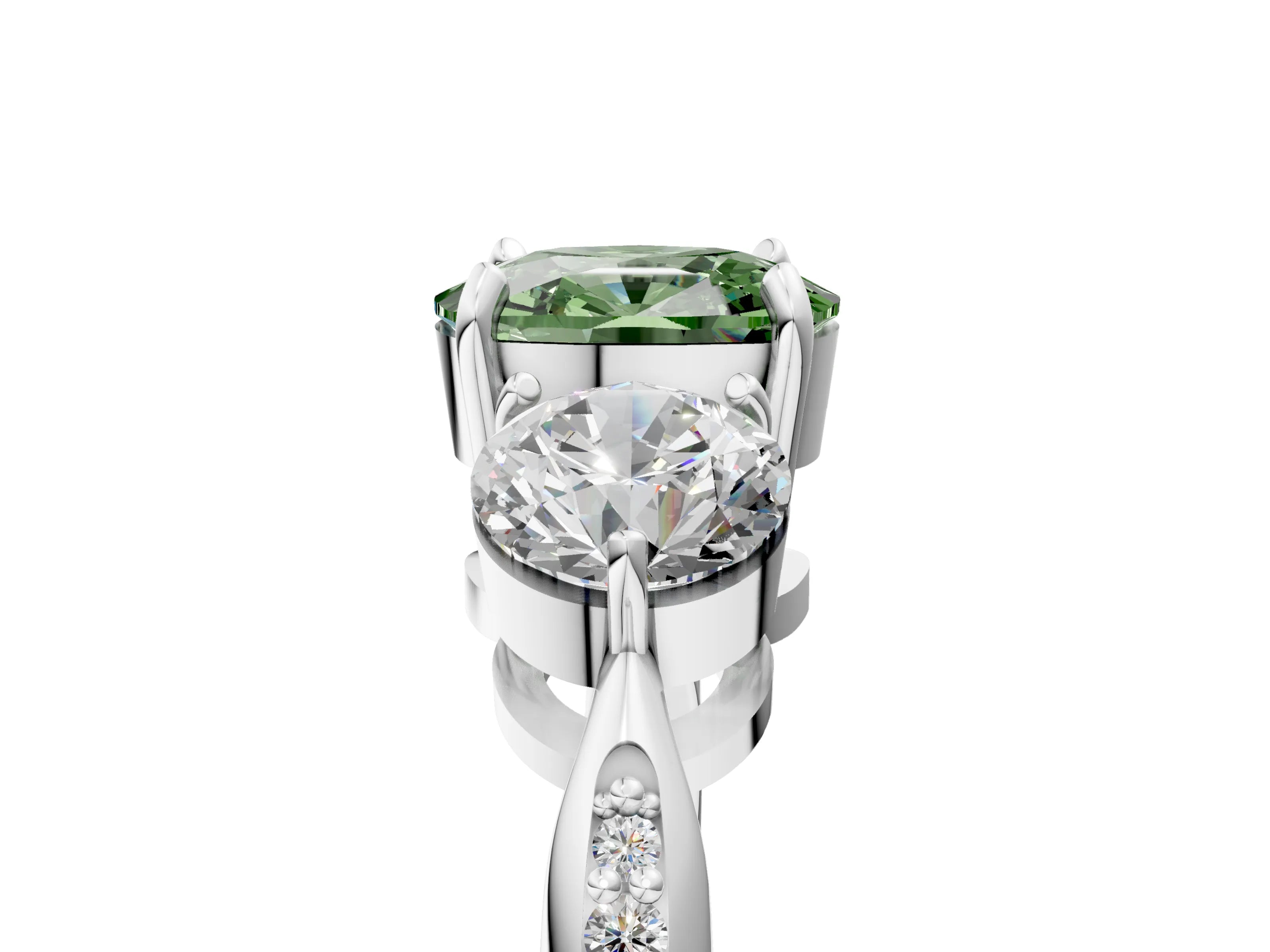 White gold Three-Stone Fancy Green Cushion Cut Diamond Channel Set Engagement Ring with Prong Setting_17