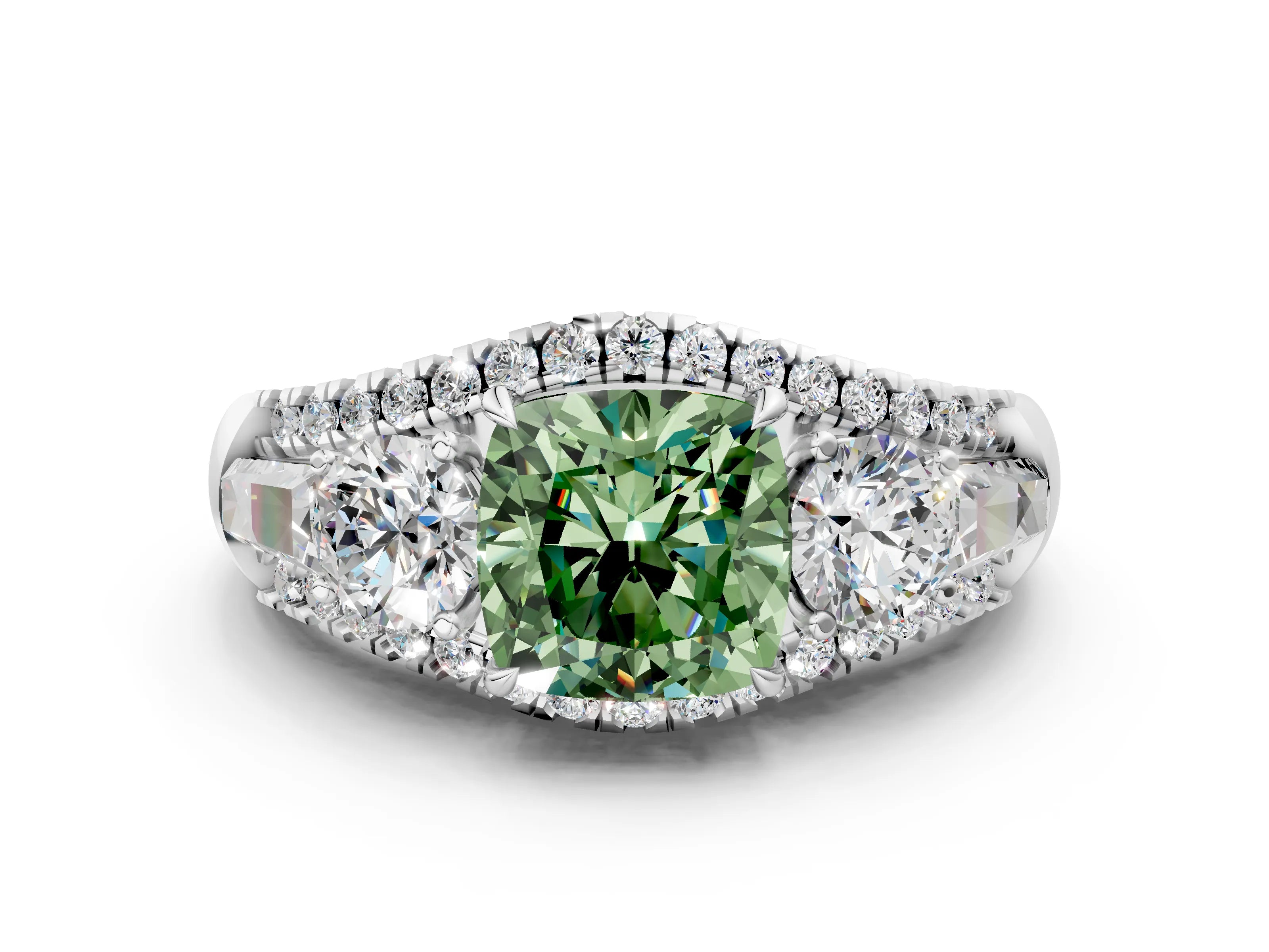 White gold Three-Stone Fancy Green Cushion Cut Diamond Engagement Ring with Pave Band and Prong Setting_13
