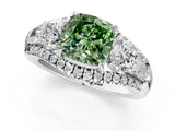 White gold Three-Stone Fancy Green Cushion Cut Diamond Engagement Ring with Pave Band and Prong Setting_13