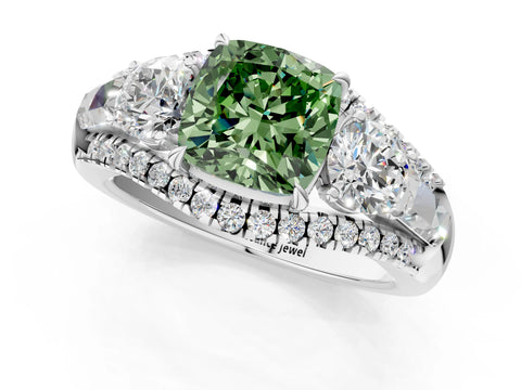 White gold Three-Stone Fancy Green Cushion Cut Diamond Engagement Ring with Pave Band and Prong Setting_13