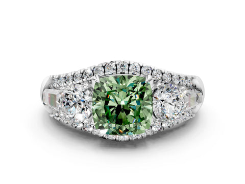 White gold Three-Stone Fancy Green Cushion Cut Diamond Engagement Ring with Pave Band and Prong Setting_13