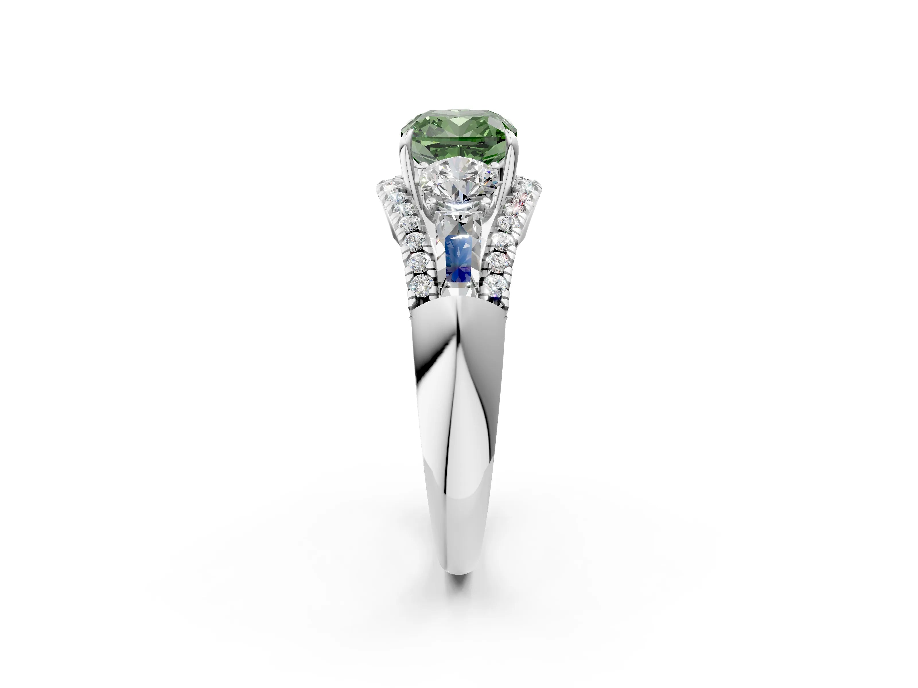 White gold Three-Stone Fancy Green Cushion Cut Diamond Engagement Ring with Pave Band and Prong Setting_14